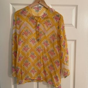 Dosa Yellow Floral Plaid Silk Top